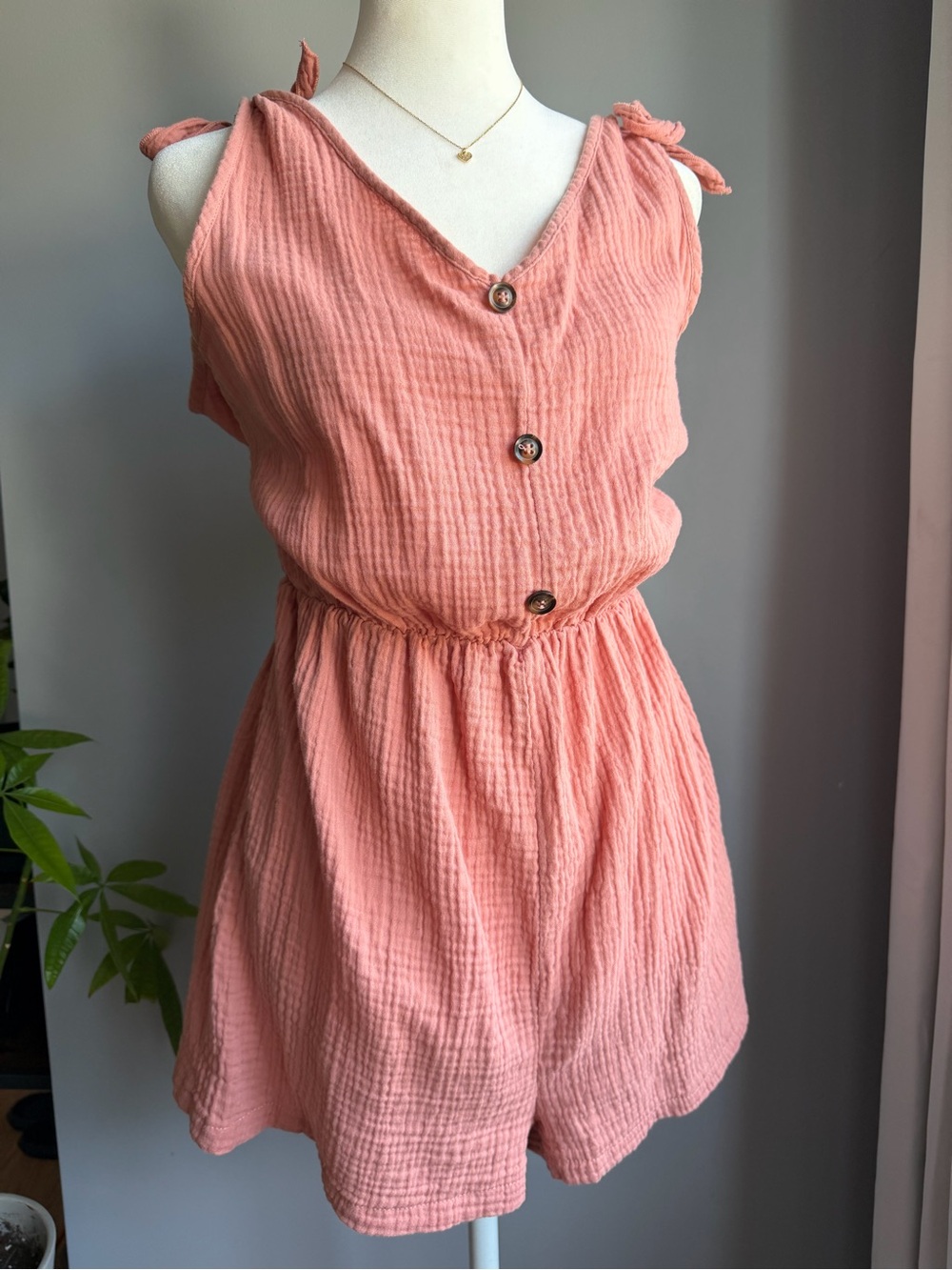 Womens Pink Tie-Shoulder Button Front Romper